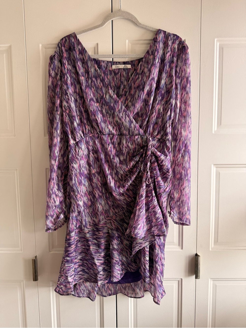 Dex Purple Abstract Print Wrap Mini Dress Size L Date Night Feminine Chic Sexy